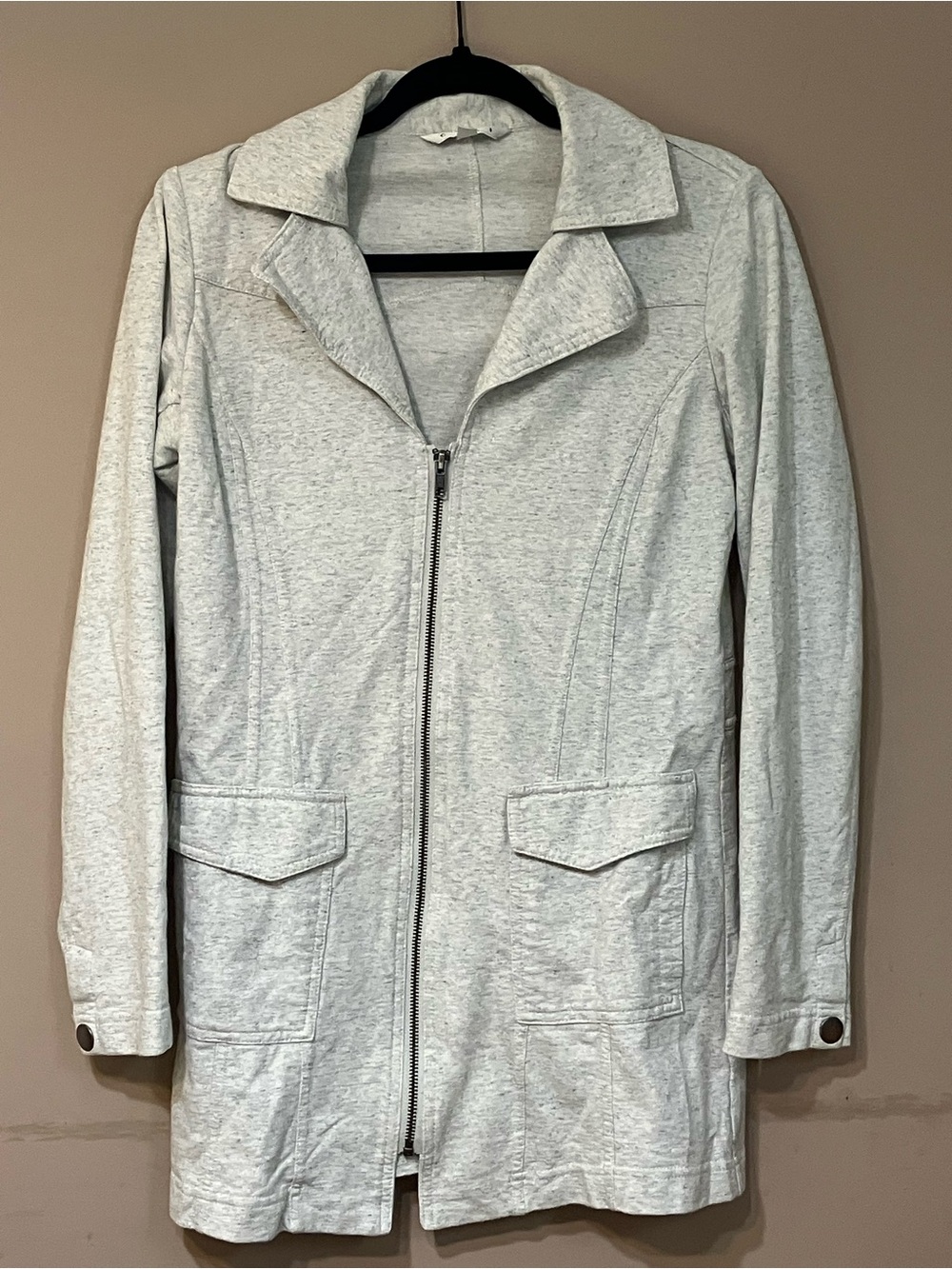 CAbi Light Gray Zip-Front Long Jacket